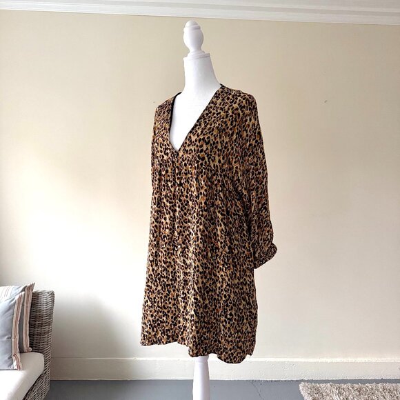 ZARA TRF | Leopard Print Babydoll Empire Waist 3/4 Sleeve Lined Mini Dress XS - Picture 2 of 11